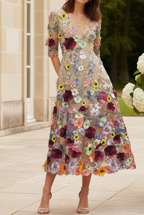 Floral Embroidered Deep V-Neck Midi Dress with Pockets