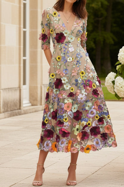 Floral Embroidered Deep V-Neck Midi Dress with Pockets