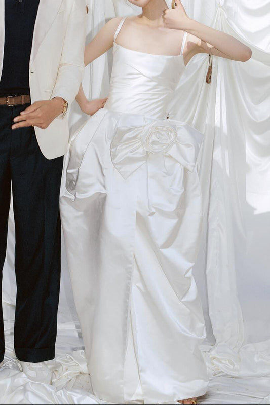Satin Wedding Dress with Draped Skirt and Bow Detail