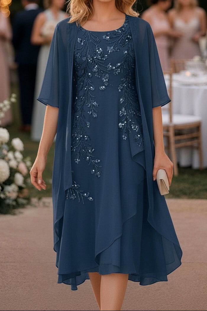 Sequin Embroidered Chiffon Dress with Cape Jacket Set