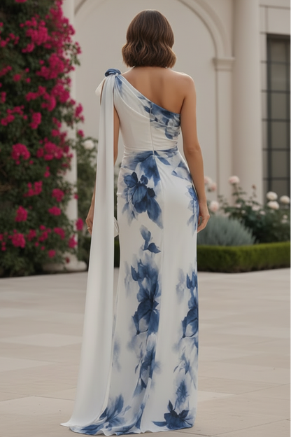 One-Shoulder Floral Slit Gown with Shoulder Drape