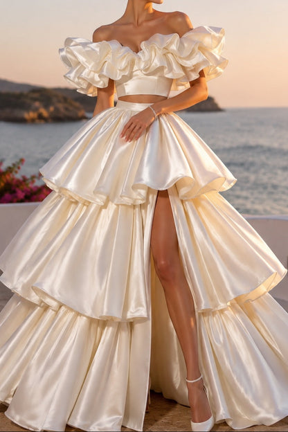 Two-Piece Tiered Ball Gown with Ruffle Crop Top
