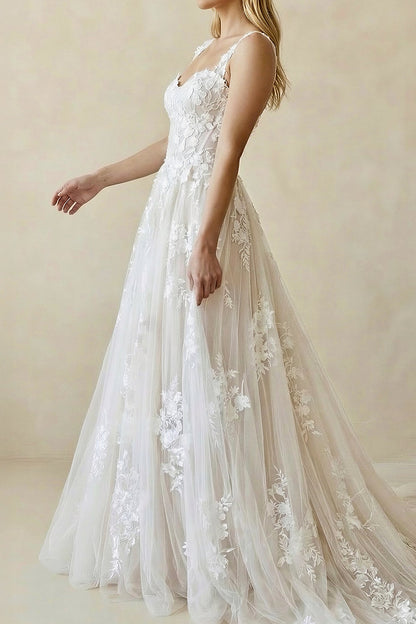 Floral Lace Applique Tulle A-Line Wedding Dress