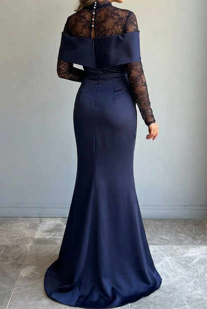 Lace Mock Neck Satin Mermaid Gown