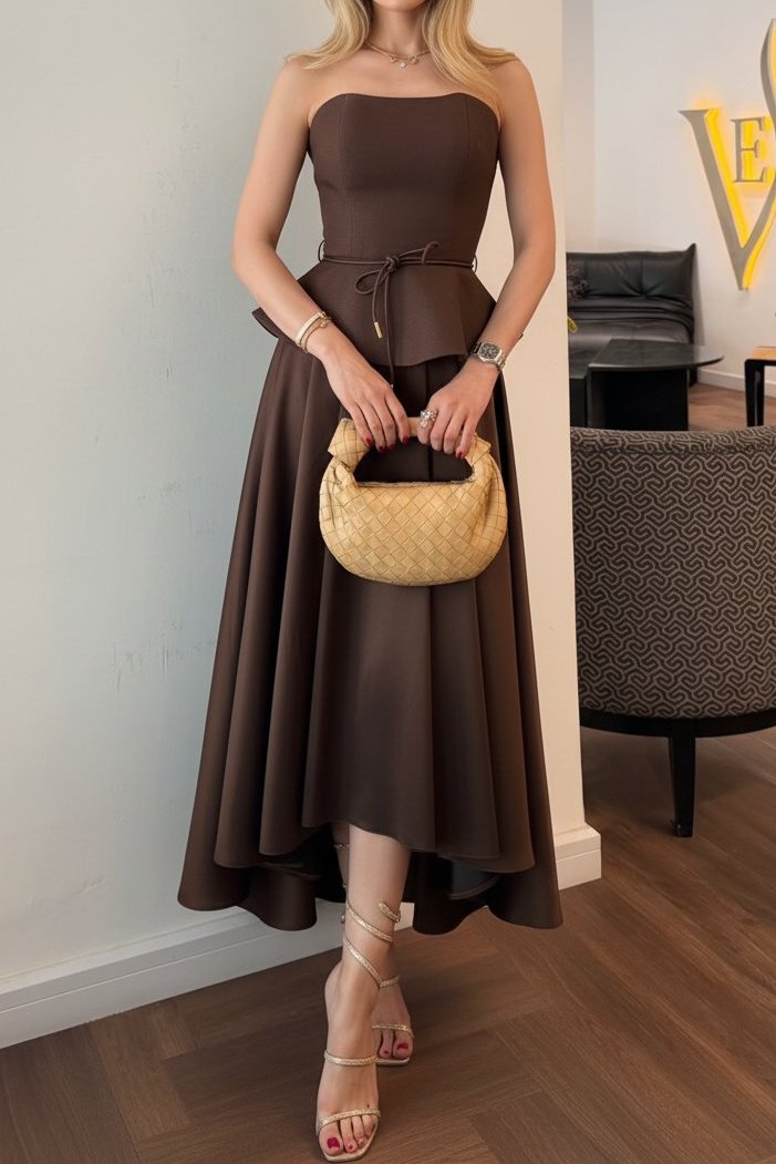 Strapless Peplum Midi Dress with Tie Waist