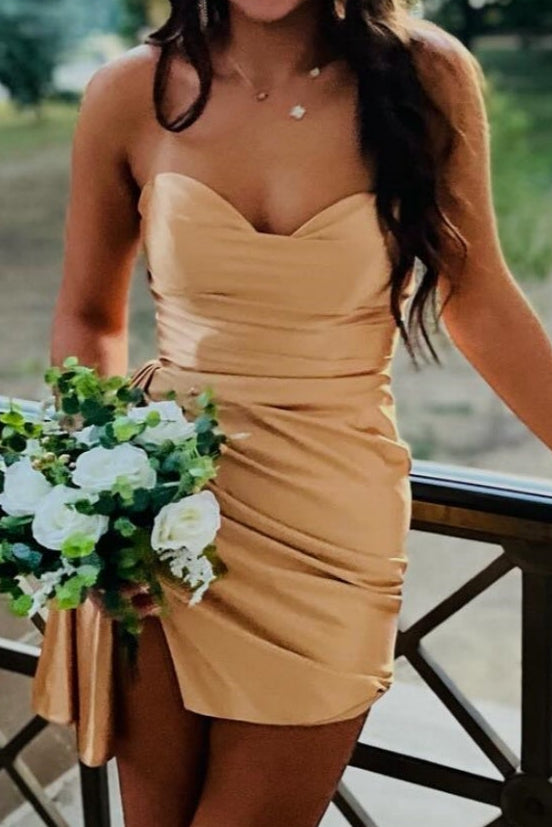 Strapless Satin Ruched Mini Dress with Side Drape