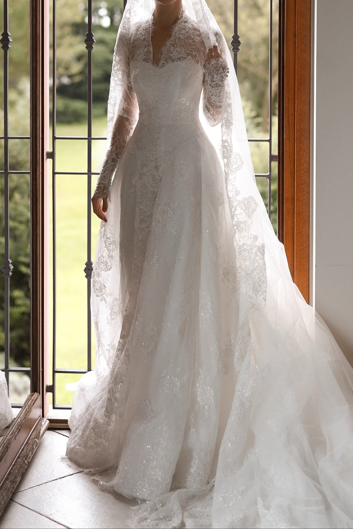 A-Line Lace Wedding Dress with Long Sleeves and Train