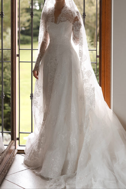 A-Line Lace Wedding Dress with Long Sleeves and Train