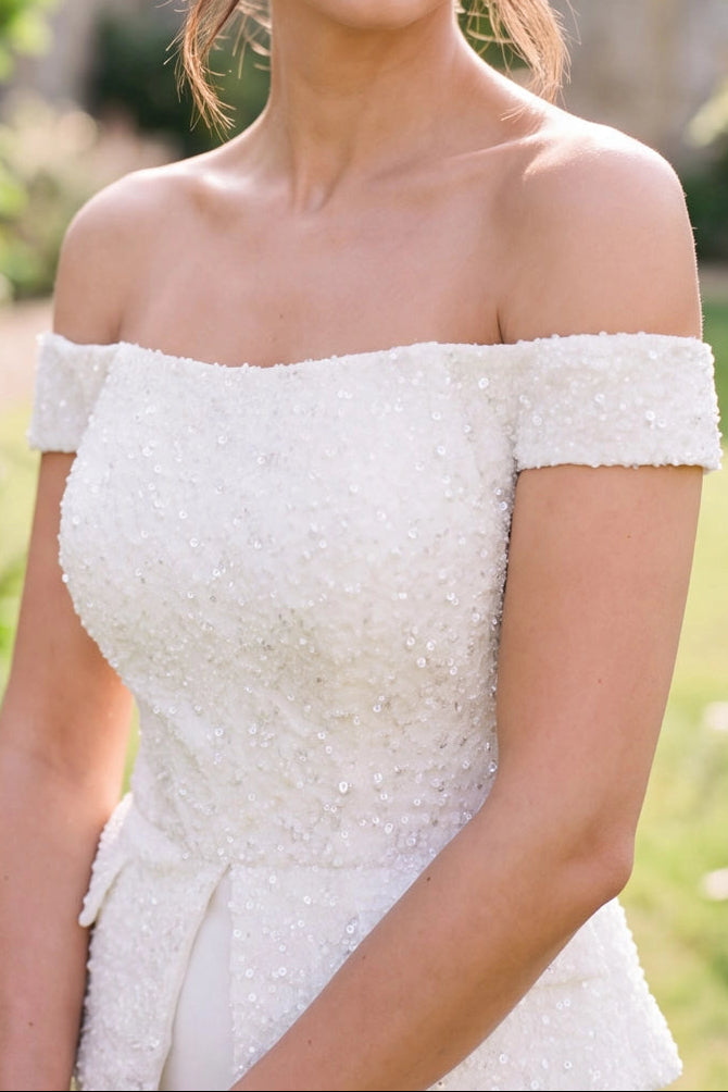 Off-Shoulder Sequin Peplum Column Evening Gown