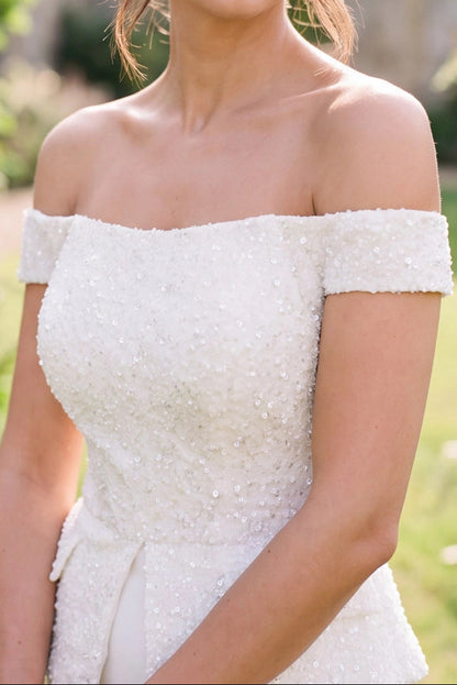 Off-Shoulder Sequin Peplum Column Evening Gown