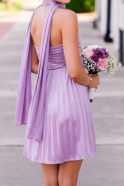 Pleated Strapless Mini Dress with Scarf