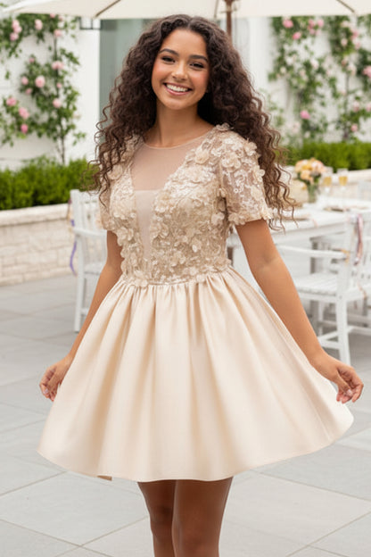 Floral Applique Plunge Short Sleeve Satin Mini Dress