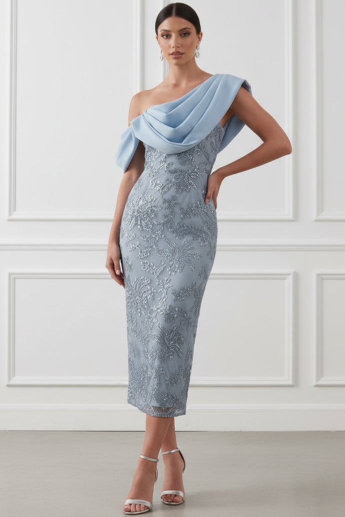 One-Shoulder Embroidered Midi Sheath Dress
