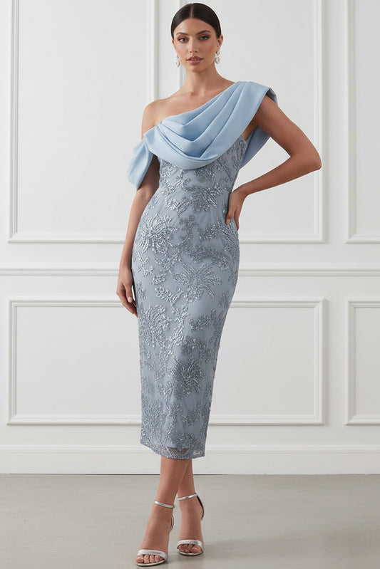 One-Shoulder Embroidered Midi Sheath Dress