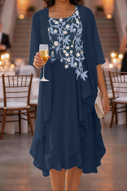 Embroidered Midi Dress with Sheer Jacket
