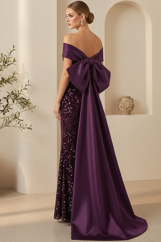 Off-Shoulder Sequin Evening Gown with Bow