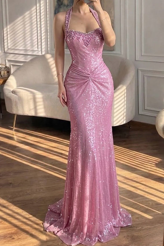 Ruched Sequin Halter Mermaid Evening Gown