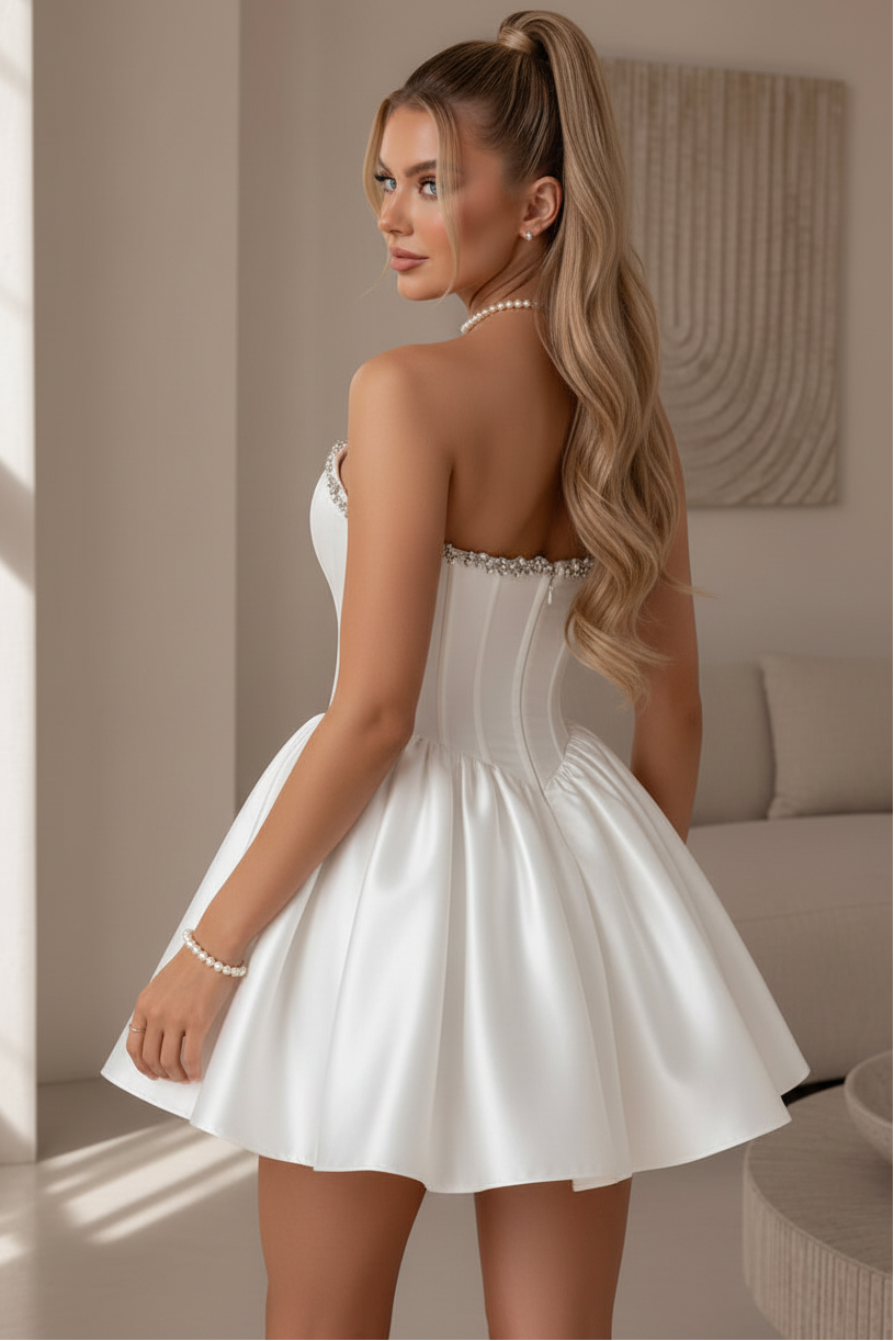 Strapless Beaded Corset Satin Mini Dress
