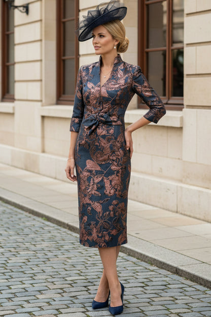 Elegant Floral Jacquard Sheath Midi Dress