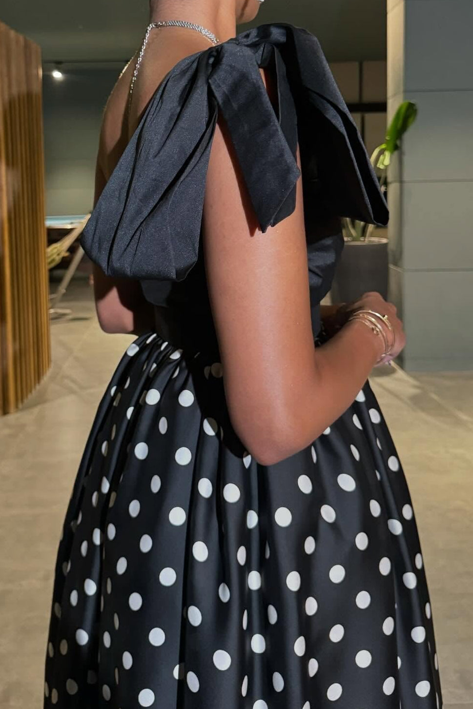 One-Shoulder Polka Dot Evening Gown with Slit