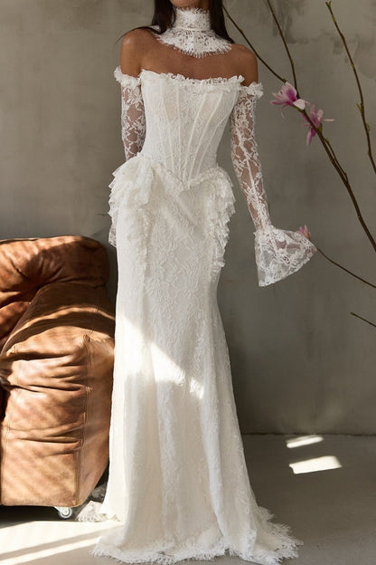 Off-Shoulder Lace Corset Wedding Dress with Bell Sleeves
