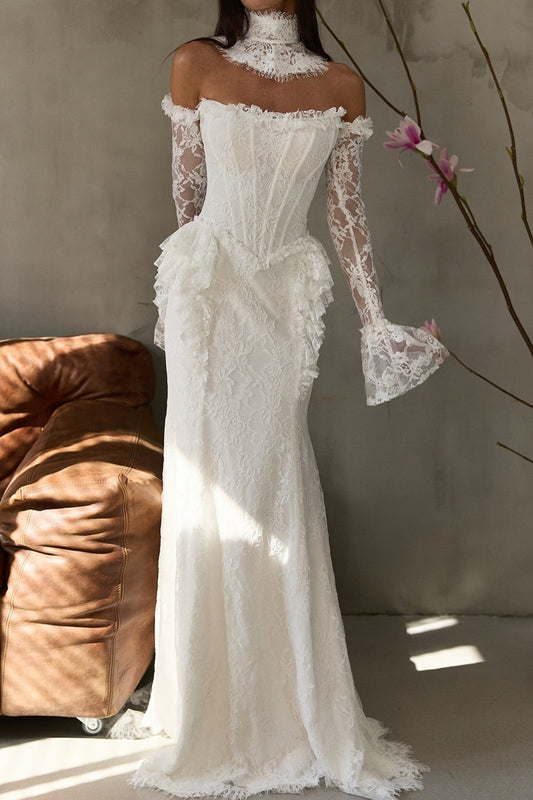 Off-Shoulder Lace Corset Wedding Dress with Bell Sleeves