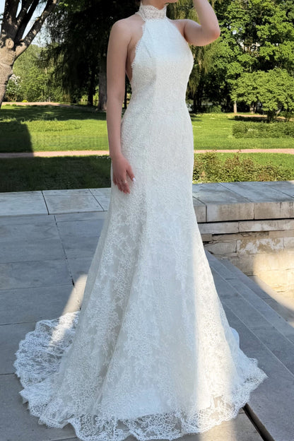 Halter High Neck Lace Backless Mermaid Wedding Dress