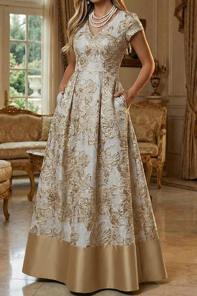 Floral Jacquard A-Line Gown with Pockets