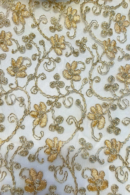 High-Low Satin Gown with Gold Embroidered Illusion Bodice