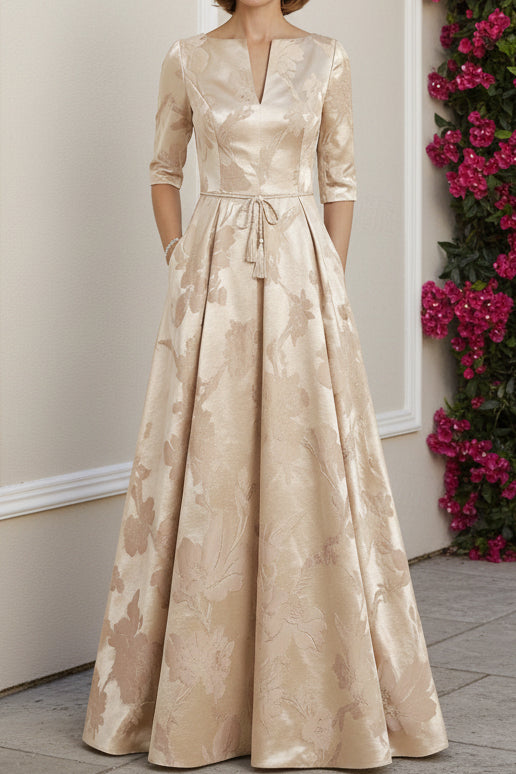 Floral Jacquard A-Line Evening Gown with Tie-Waist Belt
