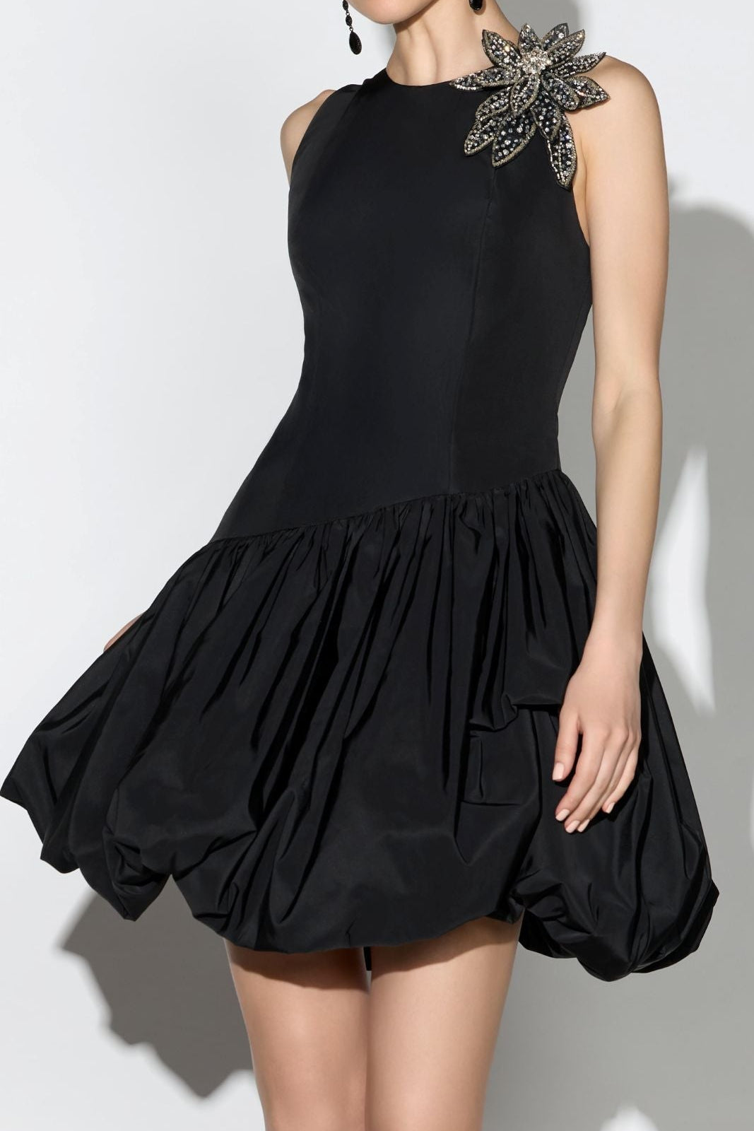 Sleeveless Bubble Skirt Mini Dress with Floral Applique