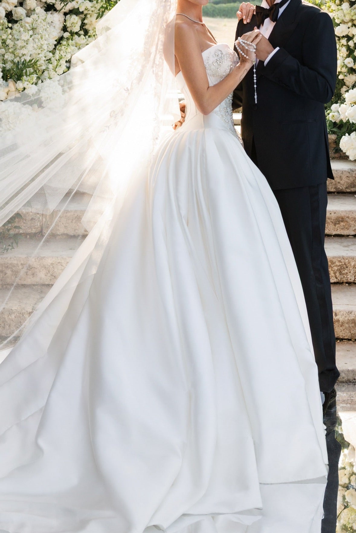 Strapless Beaded Corset Satin Ball Gown Wedding Dress