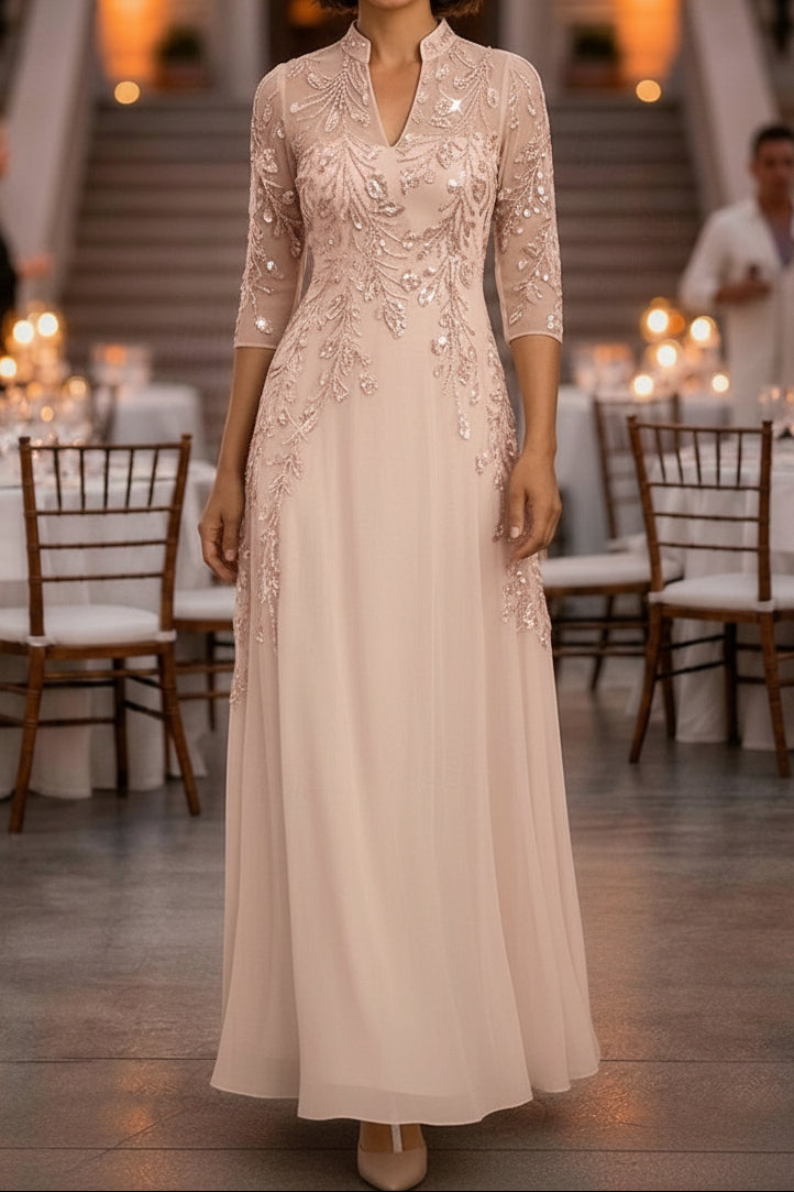 Sequin Illusion Sleeve A-Line Formal Evening Dress