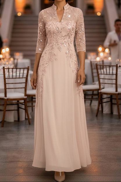 Sequin Illusion Sleeve A-Line Formal Evening Dress