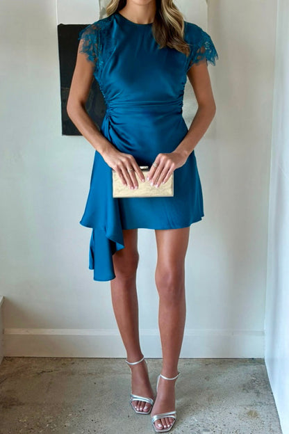 Satin Mini Dress with Lace Sleeves and Side Drape