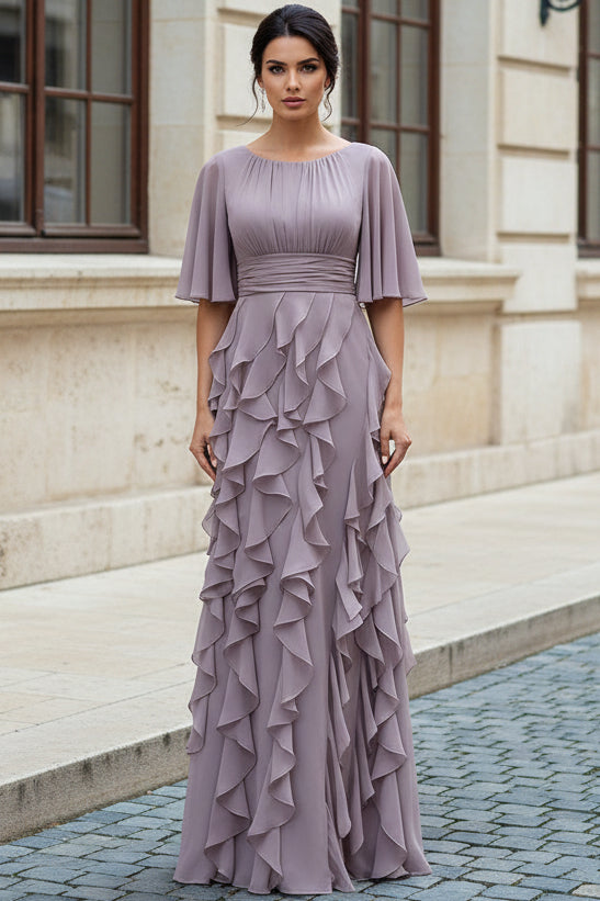 Ruffled Chiffon Flutter Sleeve Evening Gown