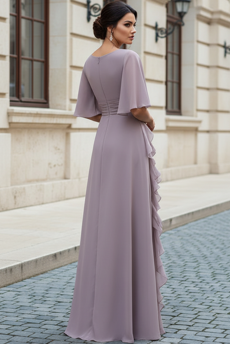 Ruffled Chiffon Flutter Sleeve Evening Gown