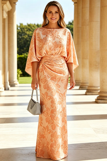Floral Jacquard Cape Sleeve Evening Gown