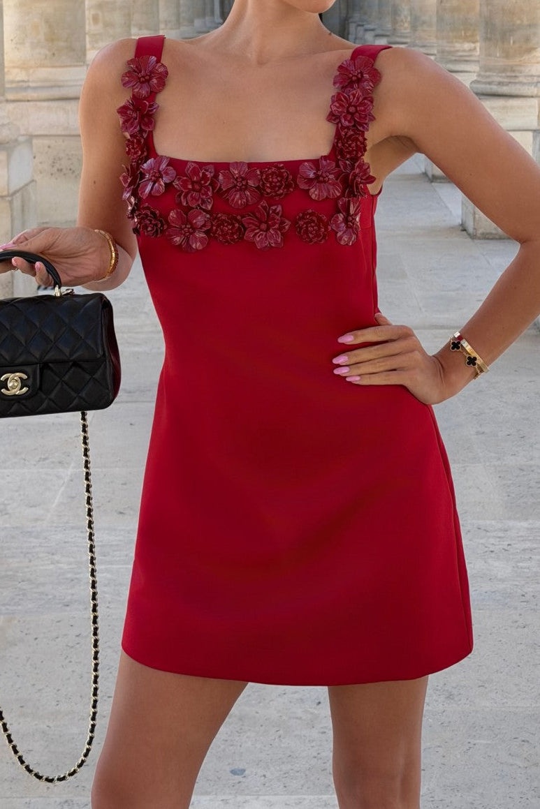 3D Floral Applique Square Neck Mini Dress