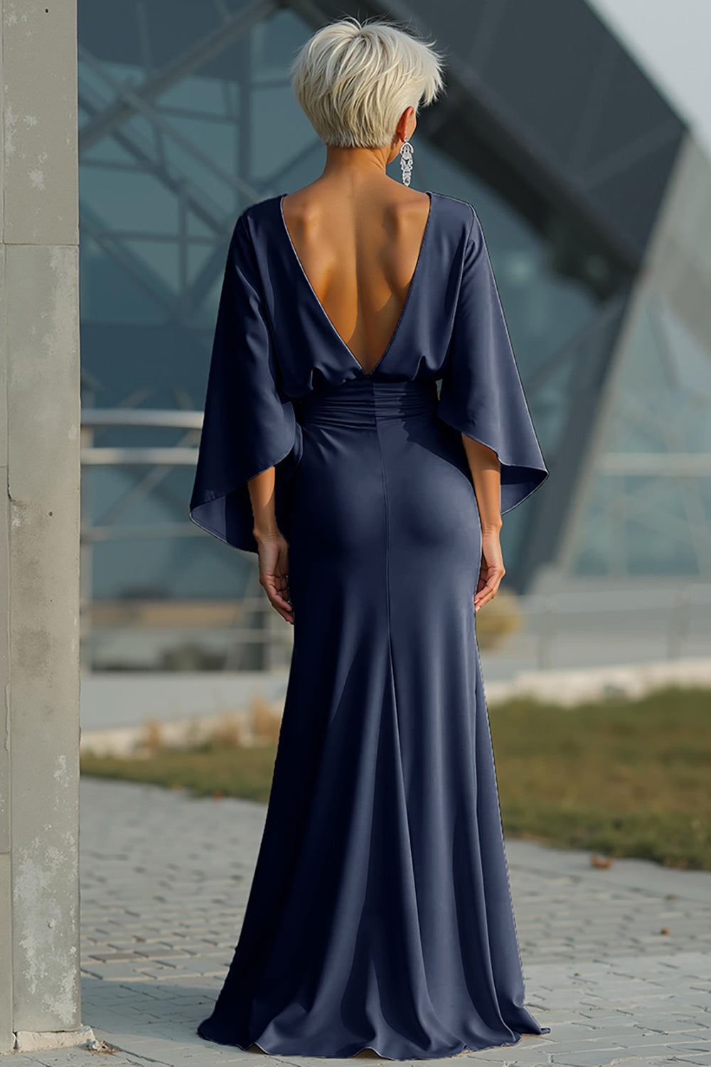 Elegant Ruched Evening Gown with Cape Sleeves