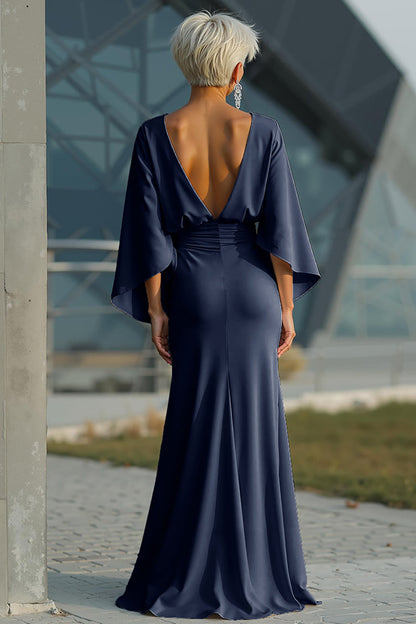 Elegant Ruched Evening Gown with Cape Sleeves