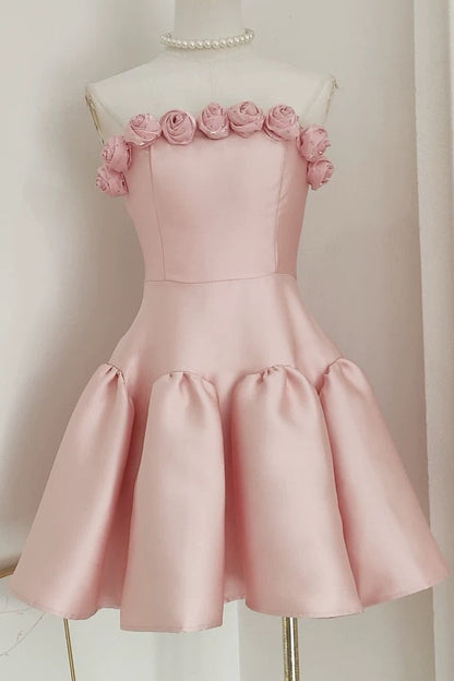 Strapless 3D Rosette Satin Mini Dress