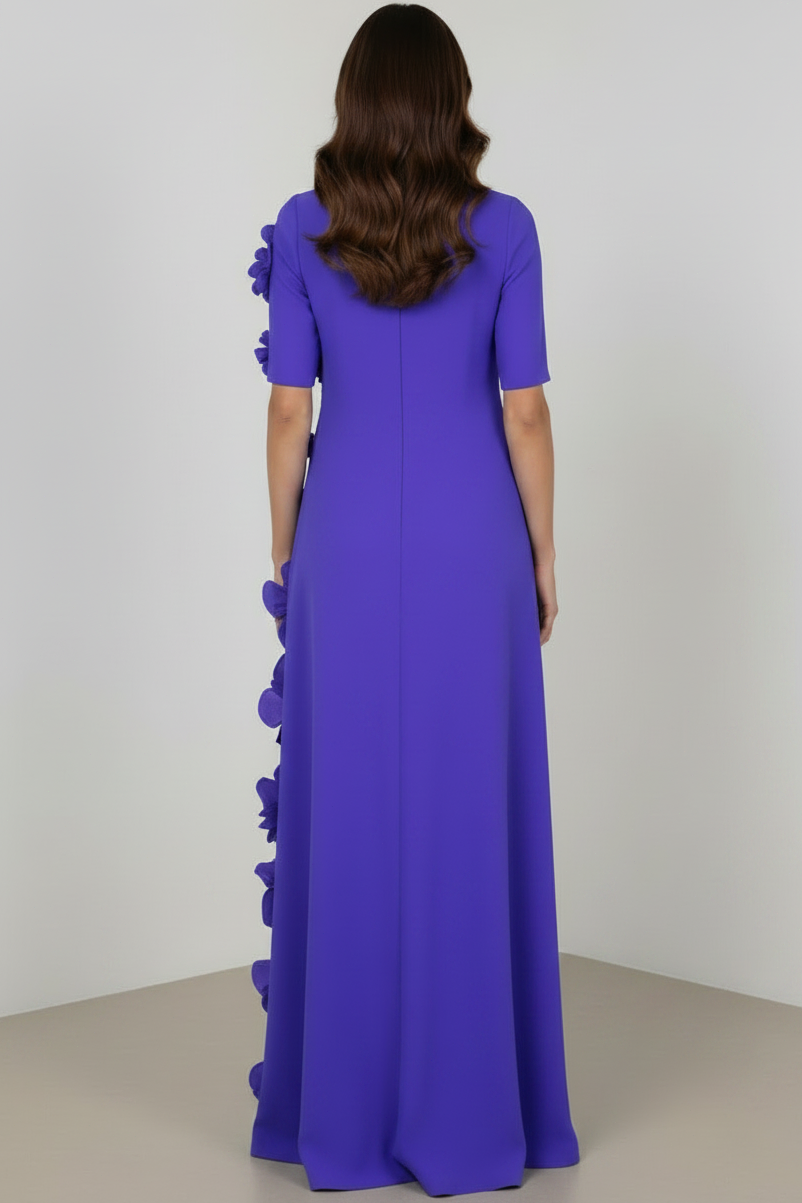 High-Neck Crepe Gown with 3D Flowers and Bow