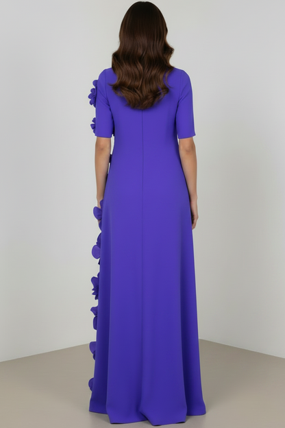 High-Neck Crepe Gown with 3D Flowers and Bow