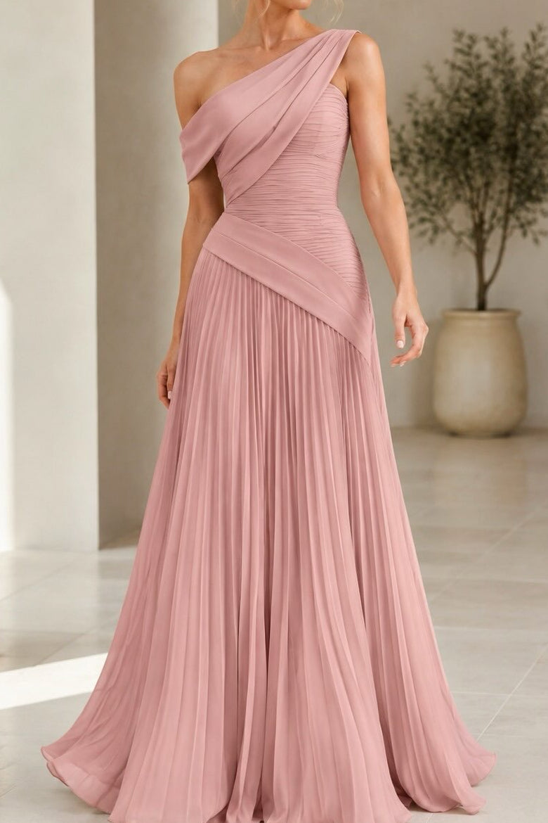One-Shoulder Pleated A-Line Evening Gown