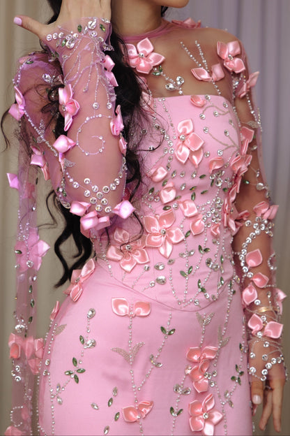 3D Floral Sheer Long Sleeve Floor-Length Gown