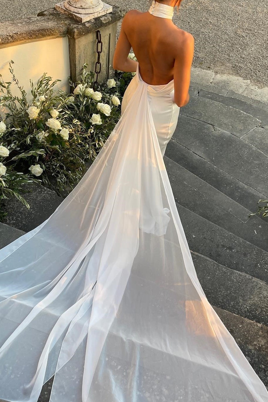 Halter Open Back Satin Wedding Dress with Train