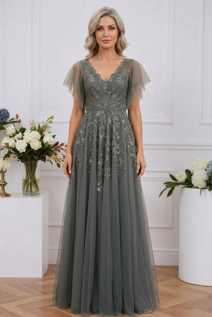 Embroidered Tulle A-Line Gown with Flutter Sleeves