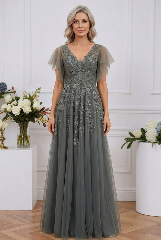 Embroidered Tulle A-Line Gown with Flutter Sleeves