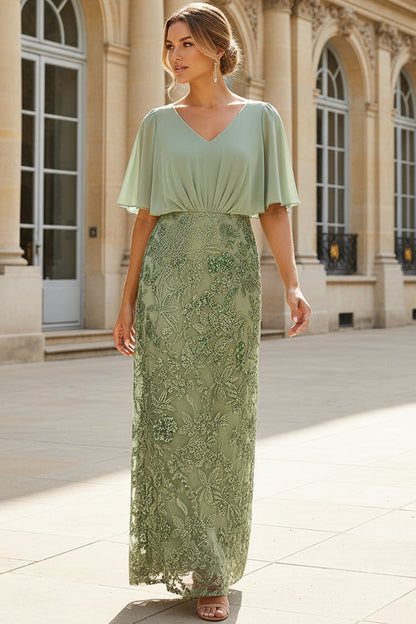 V-Neck Capelet Embroidered Evening Gown